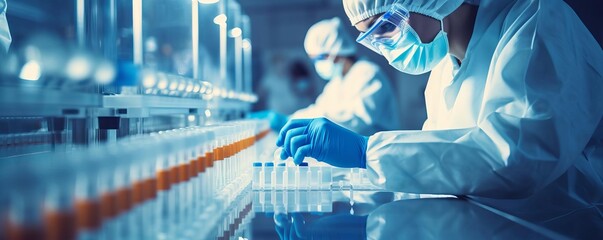 Obraz premium A scientist is working in a lab with a blue background. The scientist is wearing a white lab coat and gloves