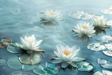 A serene background with a delicate water lily pattern floating on a calm pond surface, ed in soft blues and whites.