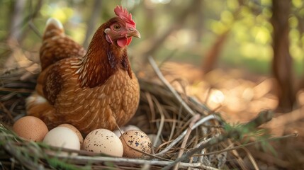 Close-up of a brown chicken sitting on her nest of warm, speckled eggs