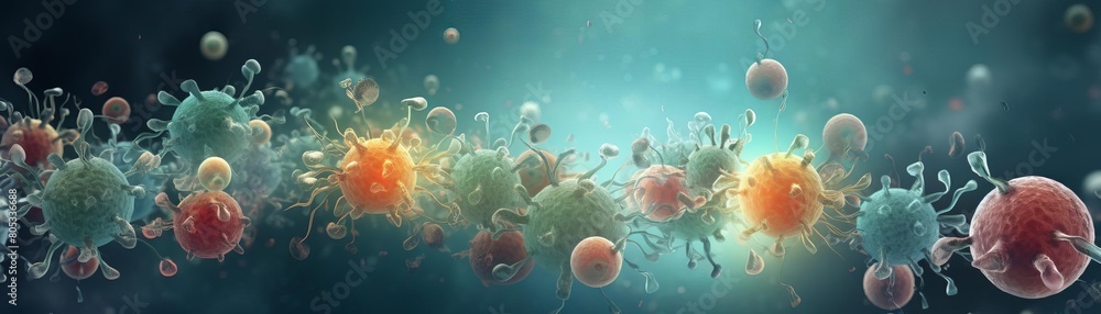 Poster a colorful image of many different colored bacteria. the bacteria are in various sizes and colors, a