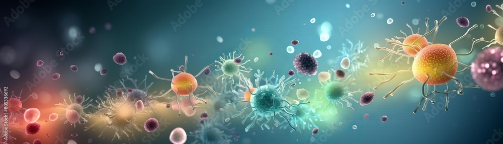 Poster a colorful image of many different colored bacteria. the bacteria are scattered throughout the image