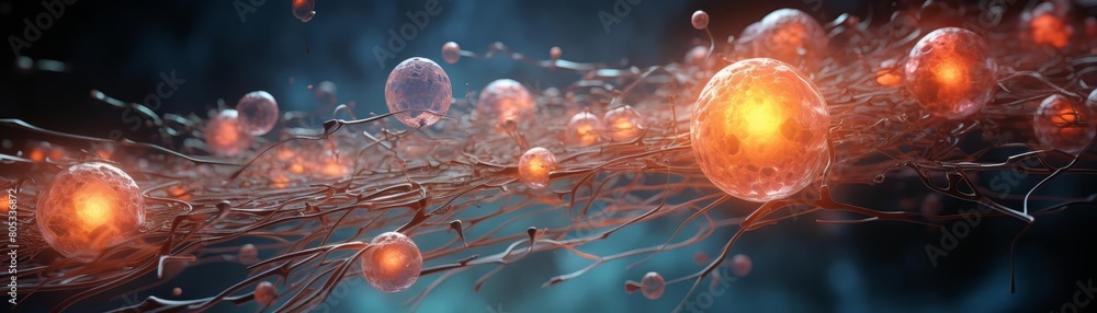 Poster a bunch of glowing spheres are floating in the air. the spheres are of different sizes and colors, a
