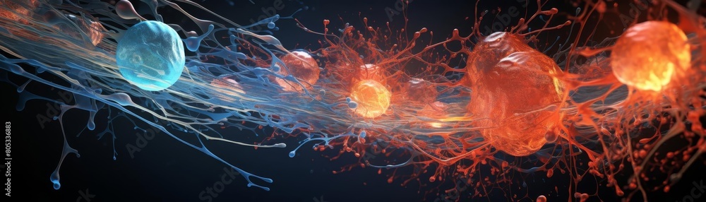 Poster a colorful, abstract image of a stream of water with red and blue spheres. concept of movement and e