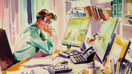 Financial Analyst's desk with focus on financial modeling and learning