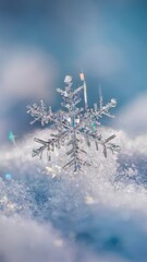 Macro illustration of large beautiful crystal clear shining snowflake in the ice
