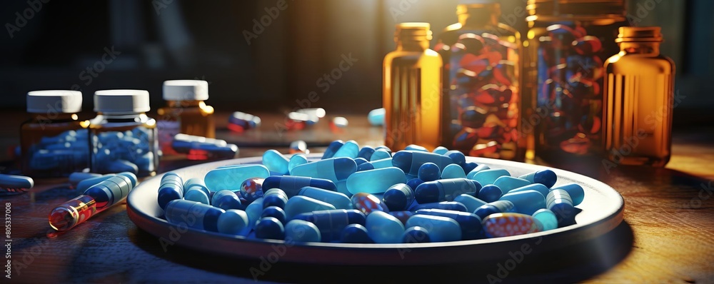Poster a plate of blue pills sits on a table next to several bottles of pills. scene is somewhat ominous, a