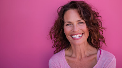 A woman with curly hair is smiling and wearing a pink shirt - Powered by Adobe