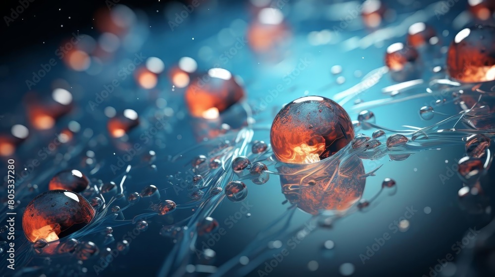 Poster a close up of a blue background with many small red spheres. the spheres are floating in the water a