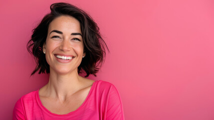 Fototapeta premium A woman with short hair is smiling and wearing a pink shirt