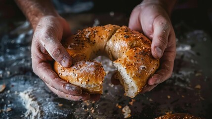 Close-up of hands breaking apart a warm, freshly baked bagel - Powered by Adobe