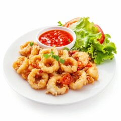 A white plate displays fried shrimp alongside a vibrant salad