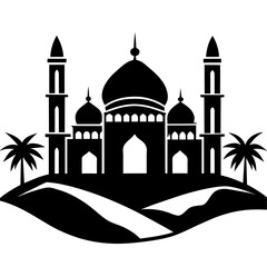 a masjid on desert, vector silhouette, black color silhouette, white background (2)