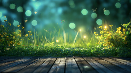 Lush grass and bush in garden with wood plank floor and fireflies at night, summer and spring time theme background. - Powered by Adobe