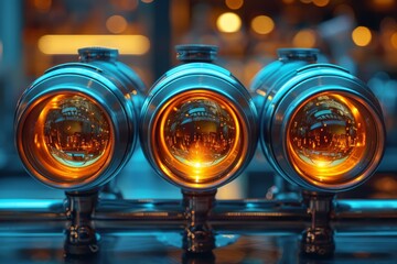 Close-up of shiny beer taps in a row, reflecting the warm golden tone of the bar ambiance