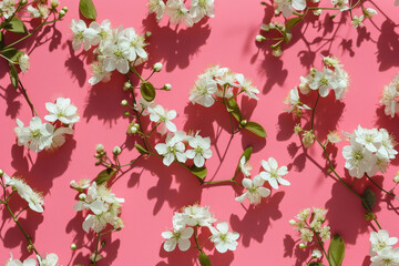 White Spring Flowers on Pink Background with Sunlight Shadows in Soft Focus Background
