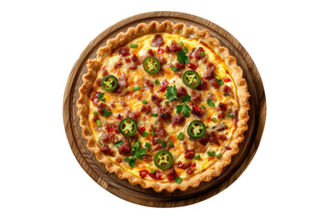 Spicy chorizo and jalapeno quiche on a wooden plate isolated on transparent background