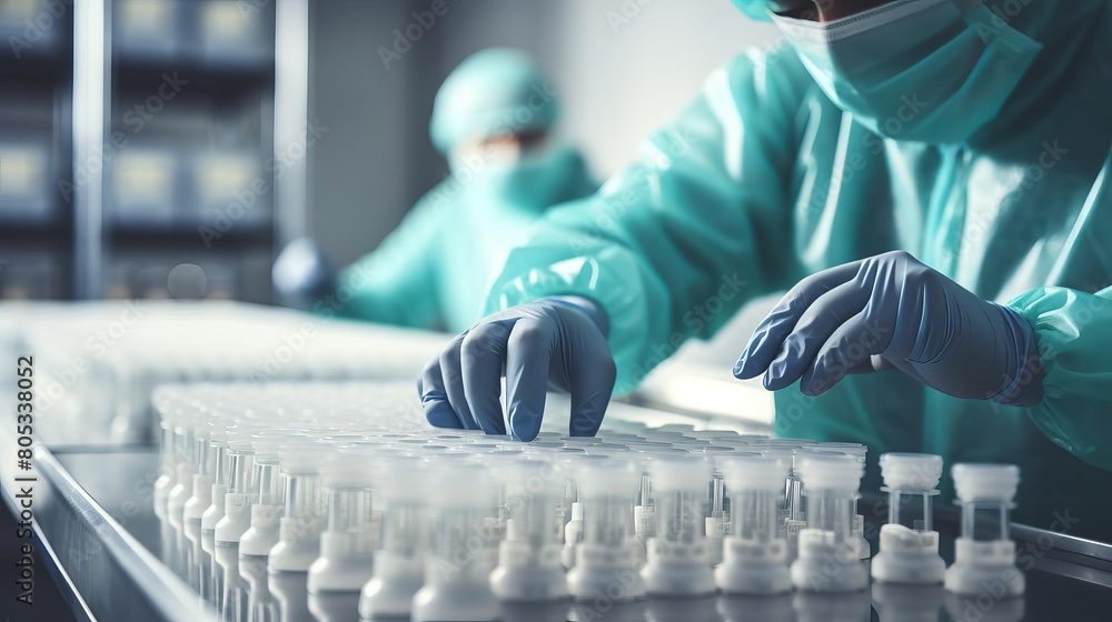 Poster a person in a green lab coat is working with a row of white bottles. the bottles are lined up on a t