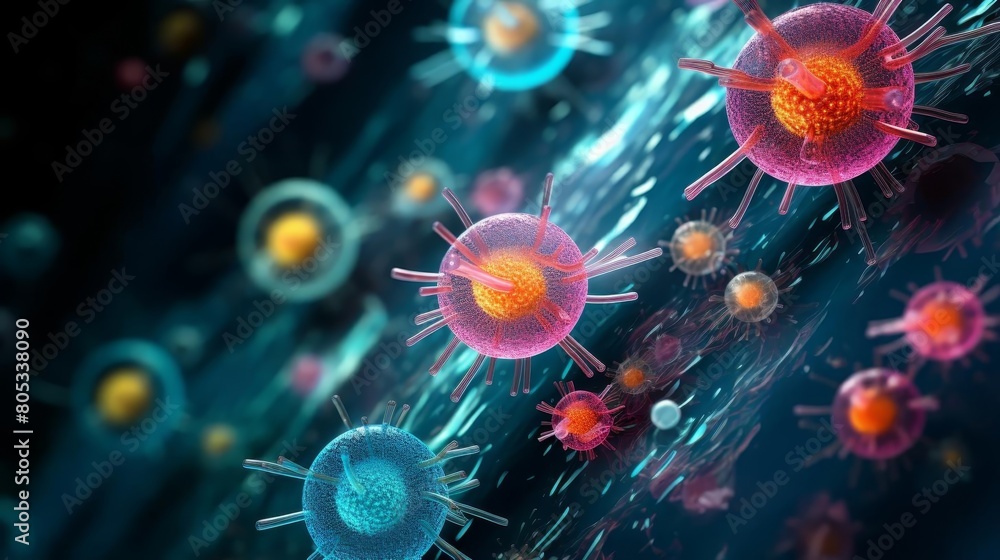 Poster a colorful image of many small spheres, some of which are pink and some are blue. the spheres are ar