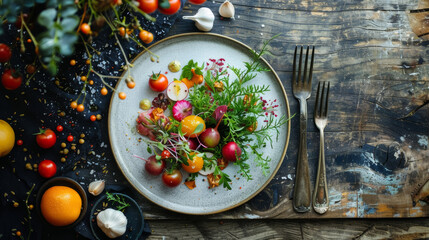 Gourmet dessert decorated with edible flowers and coconut shavings on a stone plate with nature accents. Studio shot of food presentation. Fine dining concept. Design for menu, poster