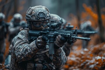 Fototapeta premium An intense depiction of a soldier in full combat gear aiming a rifle through the autumn leaves, illustrating readiness and precision