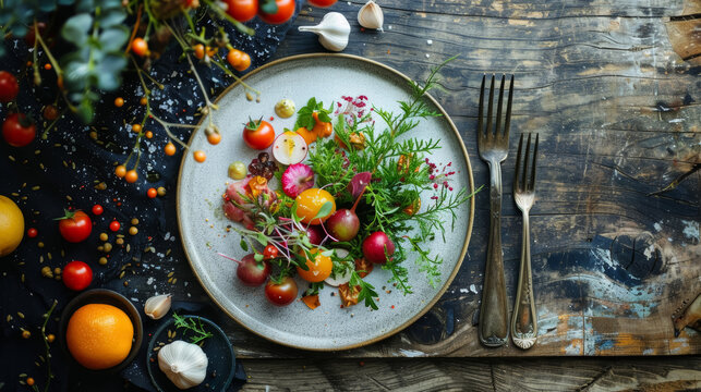 Gourmet dessert decorated with edible flowers and coconut shavings on a stone plate with nature accents. Studio shot of food presentation. Fine dining concept. Design for menu, poster