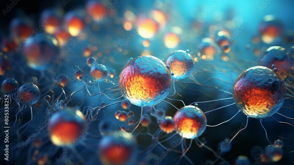 Poster a cluster of glowing spheres in a blue background. the spheres are of different sizes and colors, an
