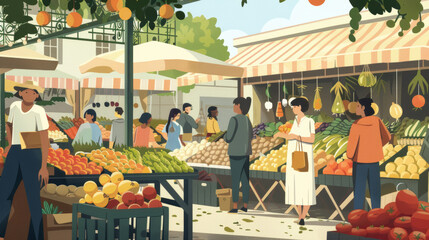 Obraz premium Fresh vegetables and fruits on display at a farmer's market stall. Daytime outdoor market scene for design and print. Food, healthy eating, and agriculture concept. Market stall with copy space