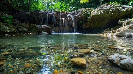 Crystal clear water cascading over rocks in a secluded forest stream inhabited by fish