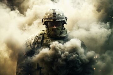 Obraz premium Strategic Soldier forces smoke attack. Team training. Generate Ai
