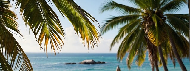 Indulge in the serenity of summer, lush green palm tree leaves bathed in sunlight, offering a...