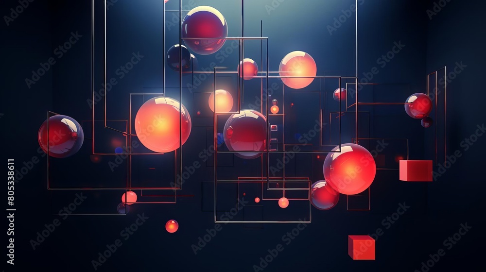 Poster a series of red and blue spheres and cubes are suspended from the ceiling. the spheres are clustered