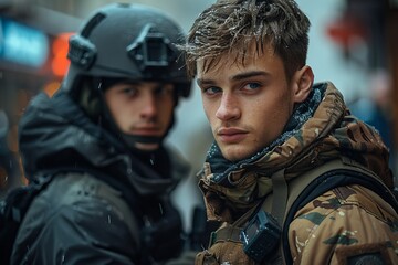Fototapeta premium Close-up of a young male soldier with intense blue eyes, conveying strength and vigilance in military garb