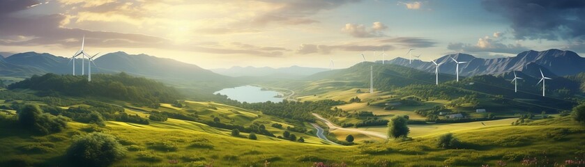 A large field with a lake and several wind turbines. Scene is peaceful and serene, with the wind turbines blending in with the natural landscape