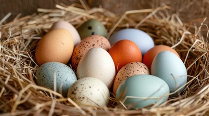 Naklejka na ściany i meble Eggs of various colors and sizes gathered in a quaint country nest