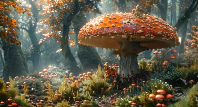 Fairies and sprites having a feast under a giant mushroom