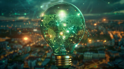 Inside a light bulb, a glowing green map of the world floats above a background that combines day...