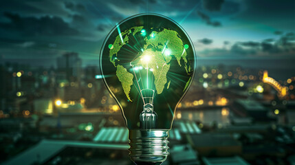 Inside a light bulb, a glowing green map of the world floats above a background that combines day...