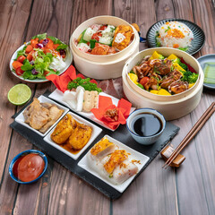 a variety of Asian foods from China, Japan, Thailand, etc