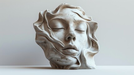 A woman's face is carved out of stone, with a flowery design surrounding it