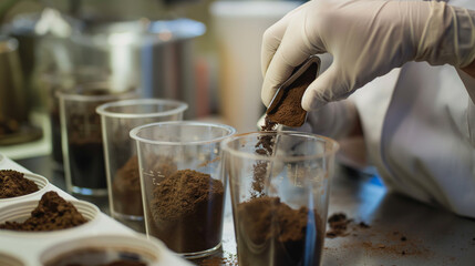 Female chemist in white protective gloves hold test tube against chemistry lab background closeup. Express research crop soil content of beneficial and harmful substances concept.Genaerative Ai.