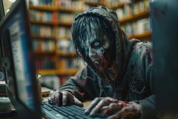 A zombie-like figure is eerily typing on a computer in a stark library setting invoking mystery
