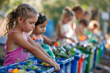 Children collecting plastic bottles for recycling in a garden. Natural light outdoor photography with copy space. Environmental awareness and education concept. Design for banner, poster, invitation - Powered by Adobe