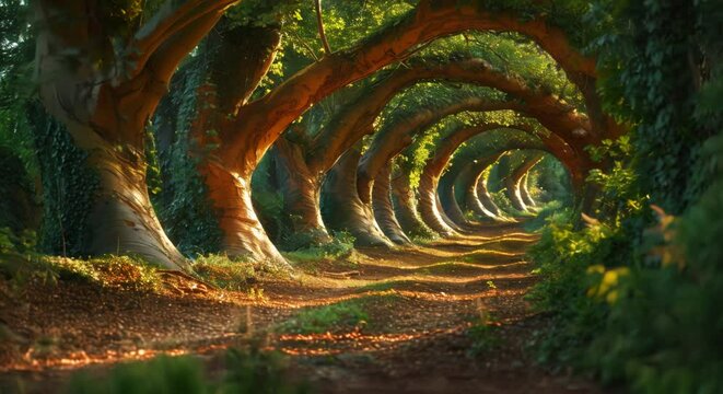 Enchanted forest with trees that bend and weave magically
