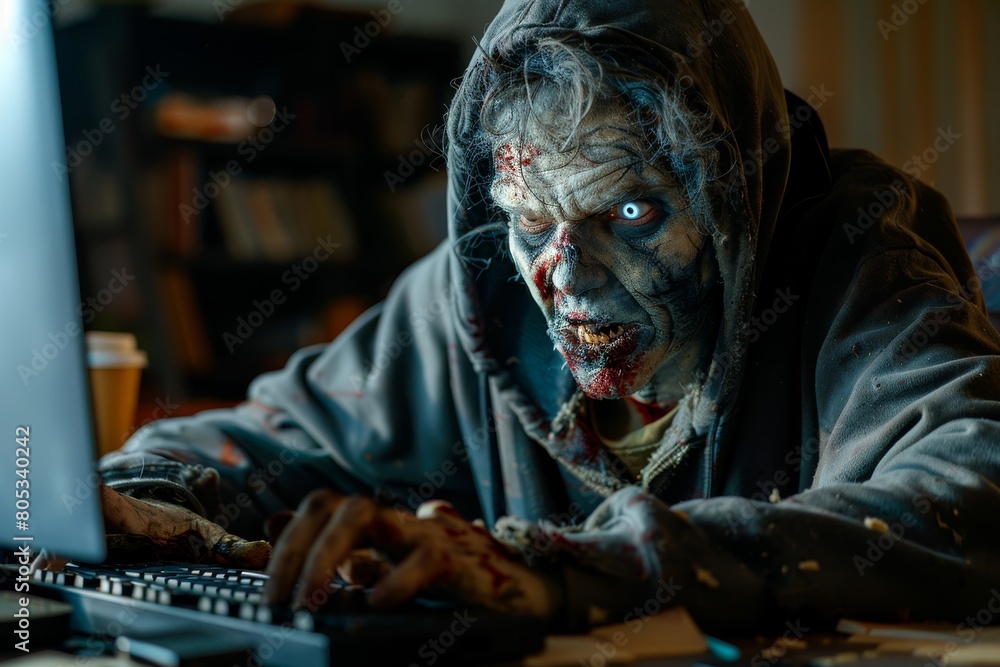 Poster an enigmatic hooded figure types away on a keyboard in a dim workspace, creating a sense of mystery 