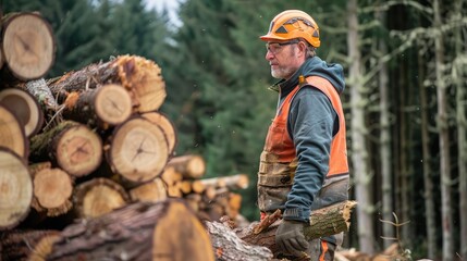 Fototapeta premium forestry worker stacking logs for transportation after tree felling