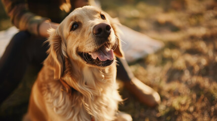 Golden retriever smiling at sunset. Outdoor animal portrait. Pet and nature bonding concept. Design for poster, banner, card - Powered by Adobe