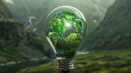 Fototapeta premium Inside a light bulb, a detailed, vibrant green world map shines brightly, set against a natural background of mountains and rivers, highlighting the potential of hydroelectric 