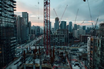 Construction site view with tower crane.