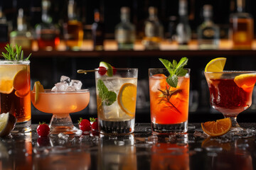 Variety of cocktails on bar counter. Studio shot with bright background. Cocktail party at night bar. Design for menu, banner, poster