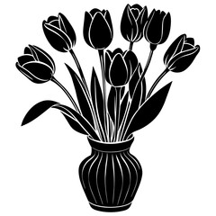 Set of Tulip flower on the vase vector silhouette    